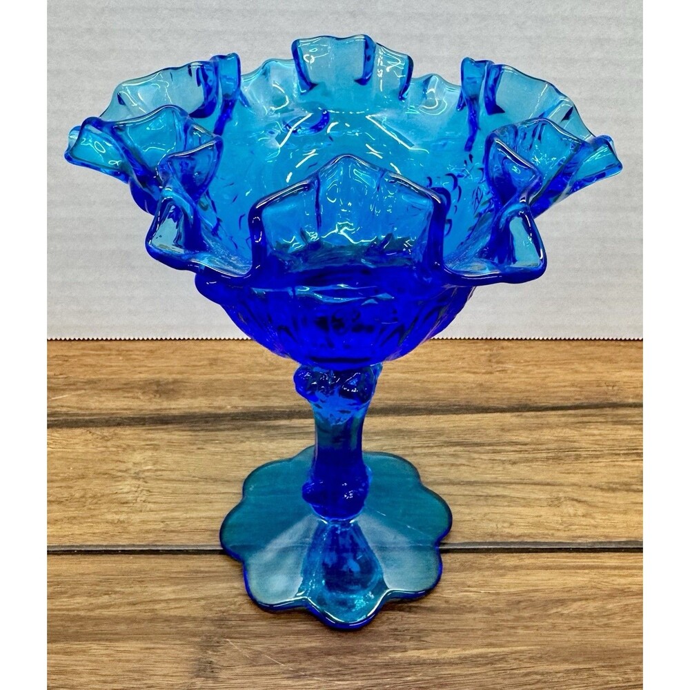 Fenton Cabbage Rose Blue Glass Ruffled Pedestal Compote Bowl Candy Dish Vintage